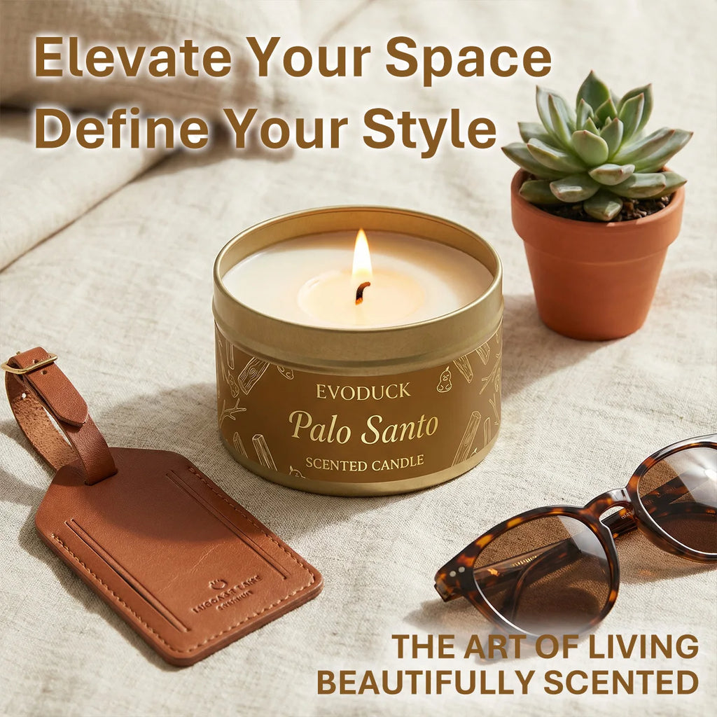 LAQTA Palo Santo scented candle in a glass jar, featuring warm, earthy tones and a natural wooden wick for aromatic ambiance.