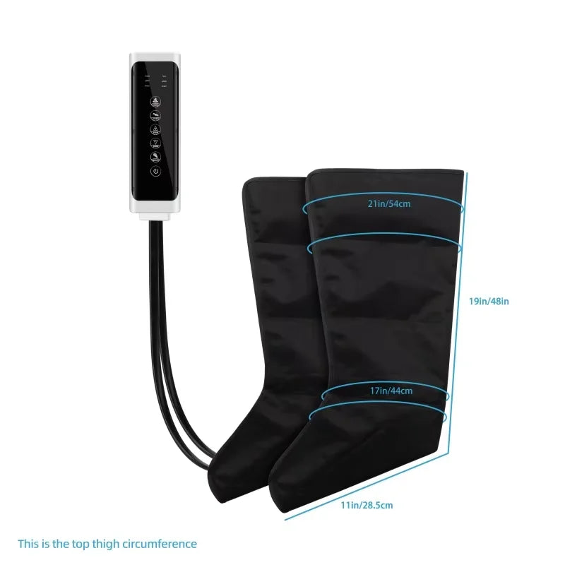 LAQTA electric pneumatic leg massager showing adjustable straps and multiple air chambers for improved circulation and relaxation.