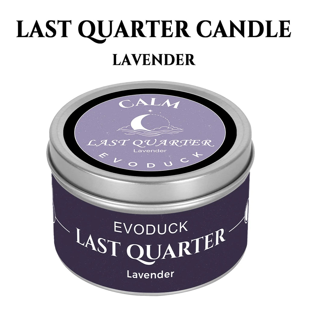 LAQTA Waning Moon scented candle in a glass jar with a gentle, flickering flame, showcasing its elegant moon-themed design.
