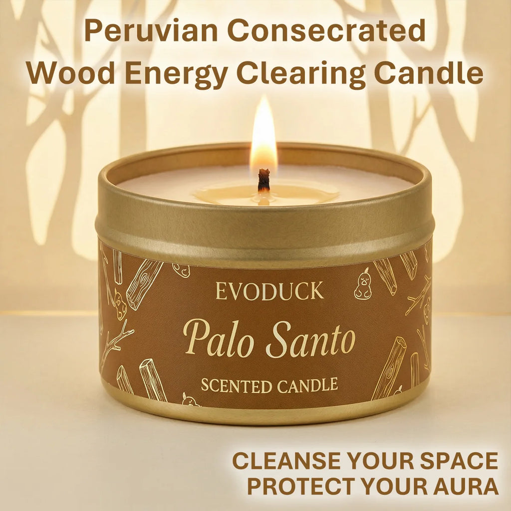 LAQTA Palo Santo scented candle in a glass jar with a wooden lid, featuring a warm, natural wood aroma and minimalist design.