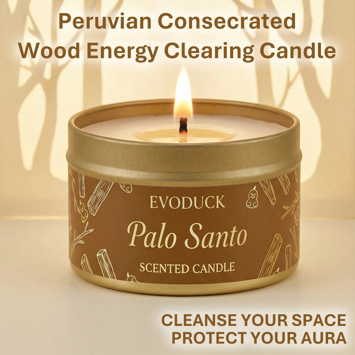LAQTA Palo Santo scented candle in a glass jar with a wooden lid, featuring a warm, natural wood aroma and minimalist design.