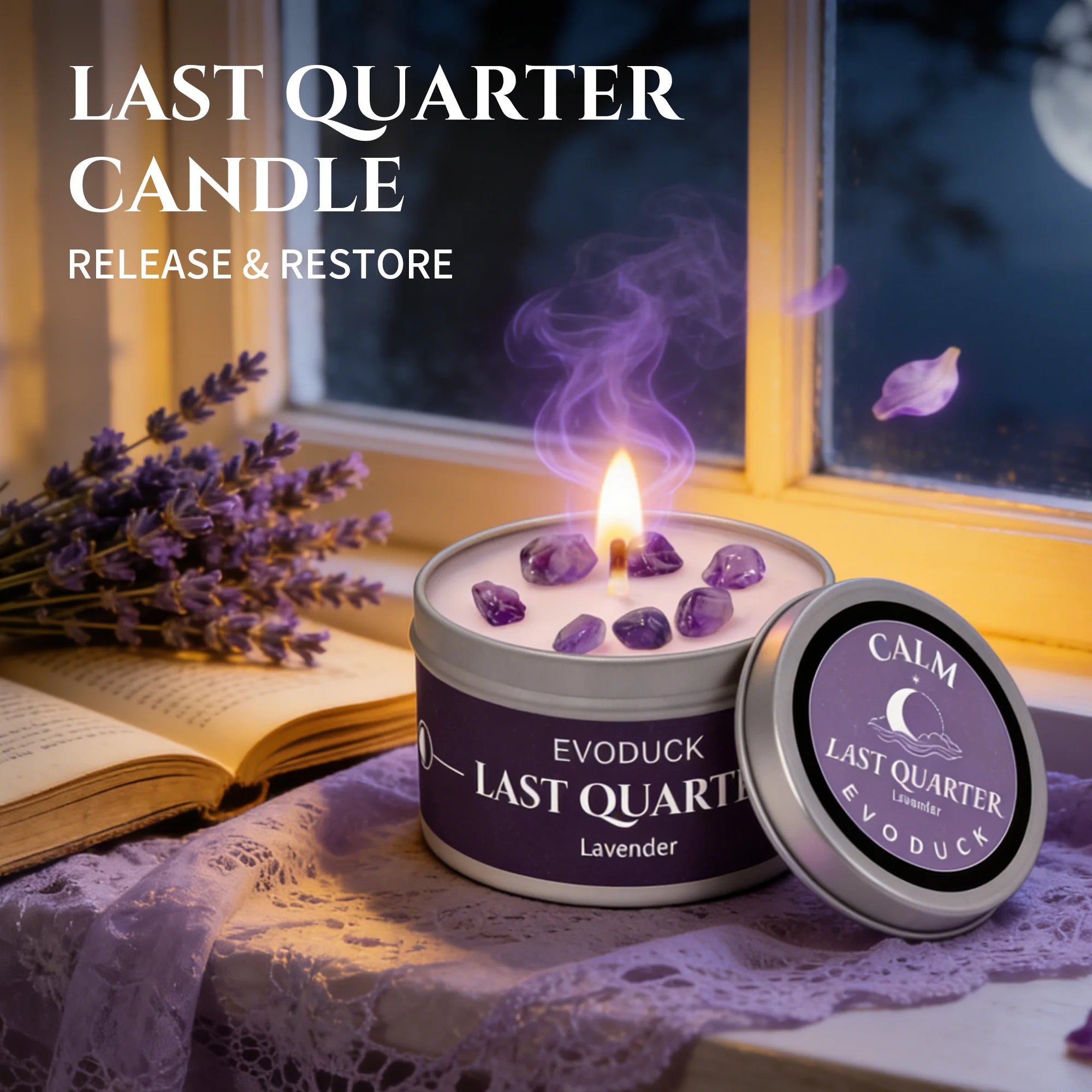 LAQTA Waning Moon scented candle with a soft glow, featuring a celestial moon design on a sleek glass container.