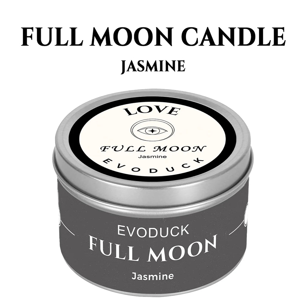 Waning Moon scented candle by LAQTA, featuring a sleek glass container with a softly glowing candle inside.