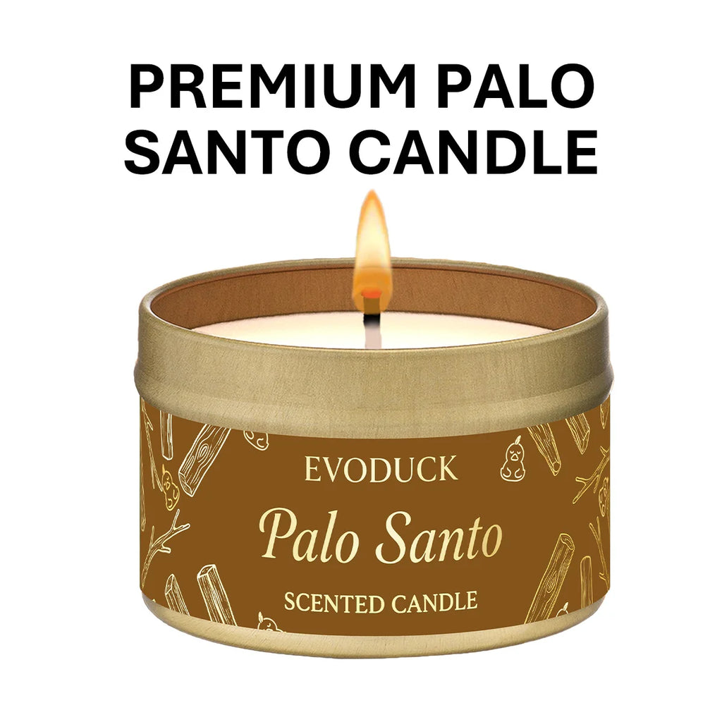 LAQTA Palo Santo scented candle in a glass jar, showcasing the candle's warm glow and natural wooden lid with Palo Santo branding.