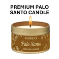 LAQTA Palo Santo scented candle in a glass jar, showcasing the candle's warm glow and natural wooden lid with Palo Santo branding.