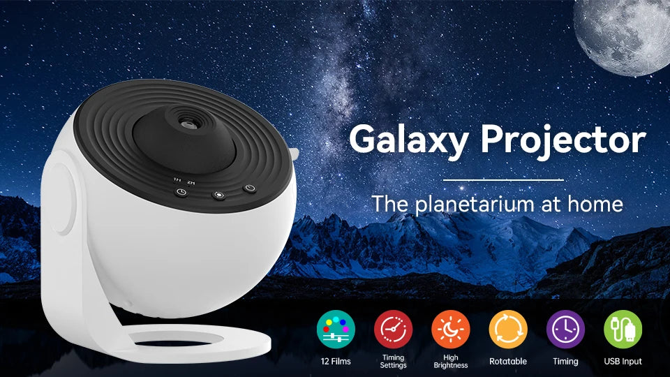 LAQTA Starry Sky Projector with 360° rotation displaying colorful star patterns on a dark wall.