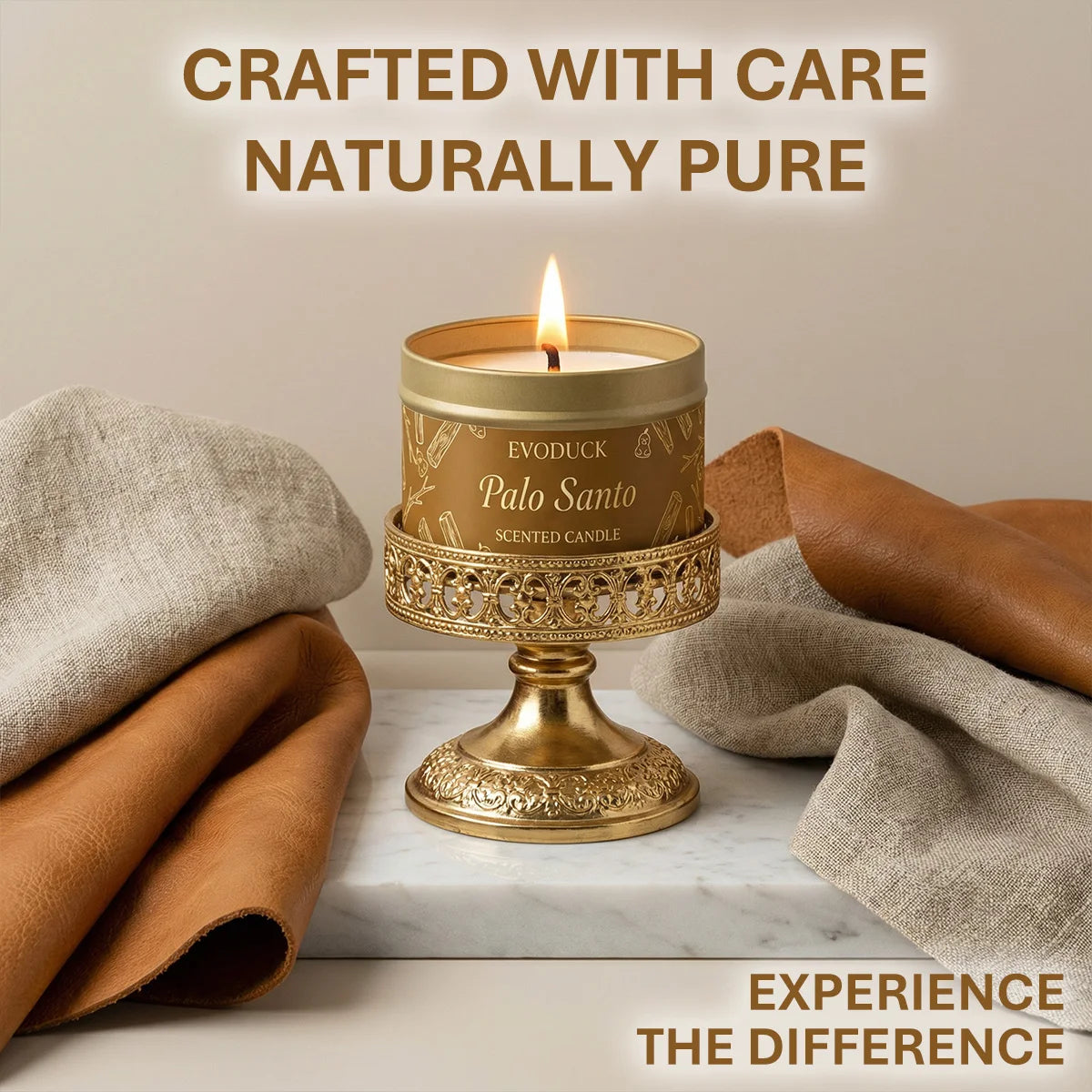 LAQTA Palo Santo scented candle in a glass jar, featuring a warm, natural wood aroma and a calming, flickering flame.