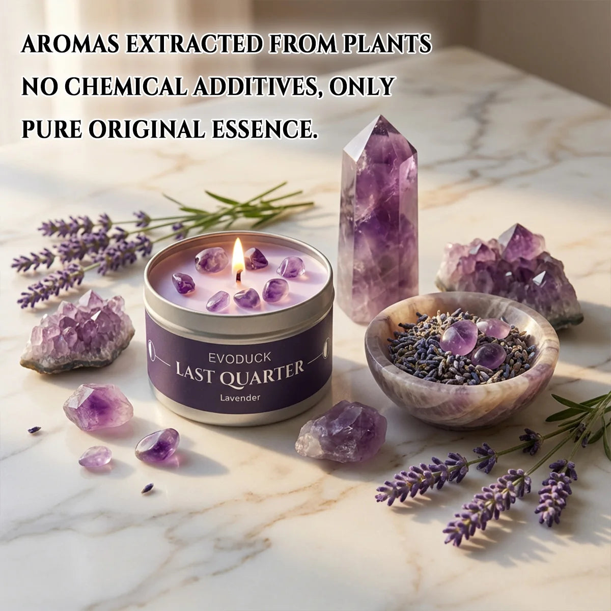 LAQTA Waning Moon scented candle in a decorative jar with a glowing flame, perfect for creating cozy, calming ambiance.