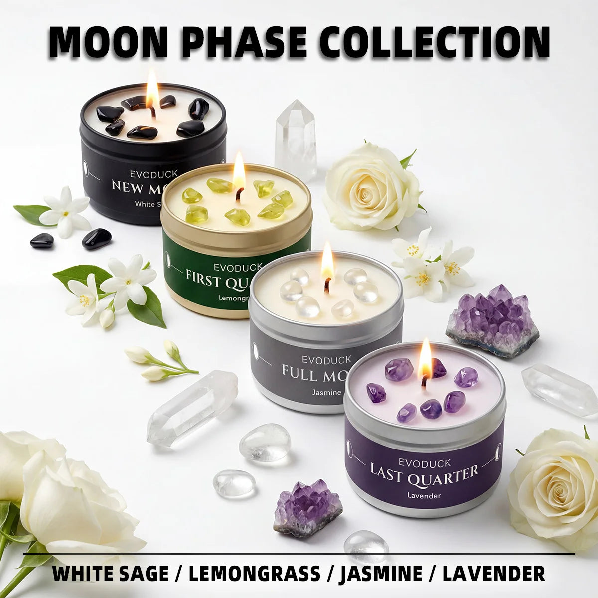LAQTA Waning Moon scented candle in a glass holder with a soft glowing light and moon-shaped design.
