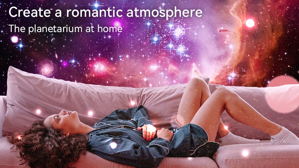 LAQTA Starry Sky Projector 360° rotate displaying colorful star patterns on a wall, creating a relaxing celestial ambiance.