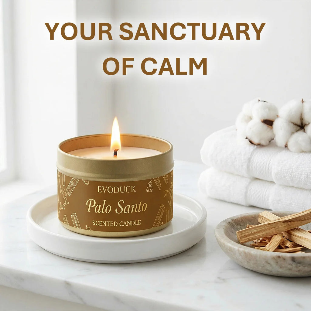 LAQTA Palo Santo scented candle in a glass jar with a wooden lid, showcasing its natural, calming aesthetic.