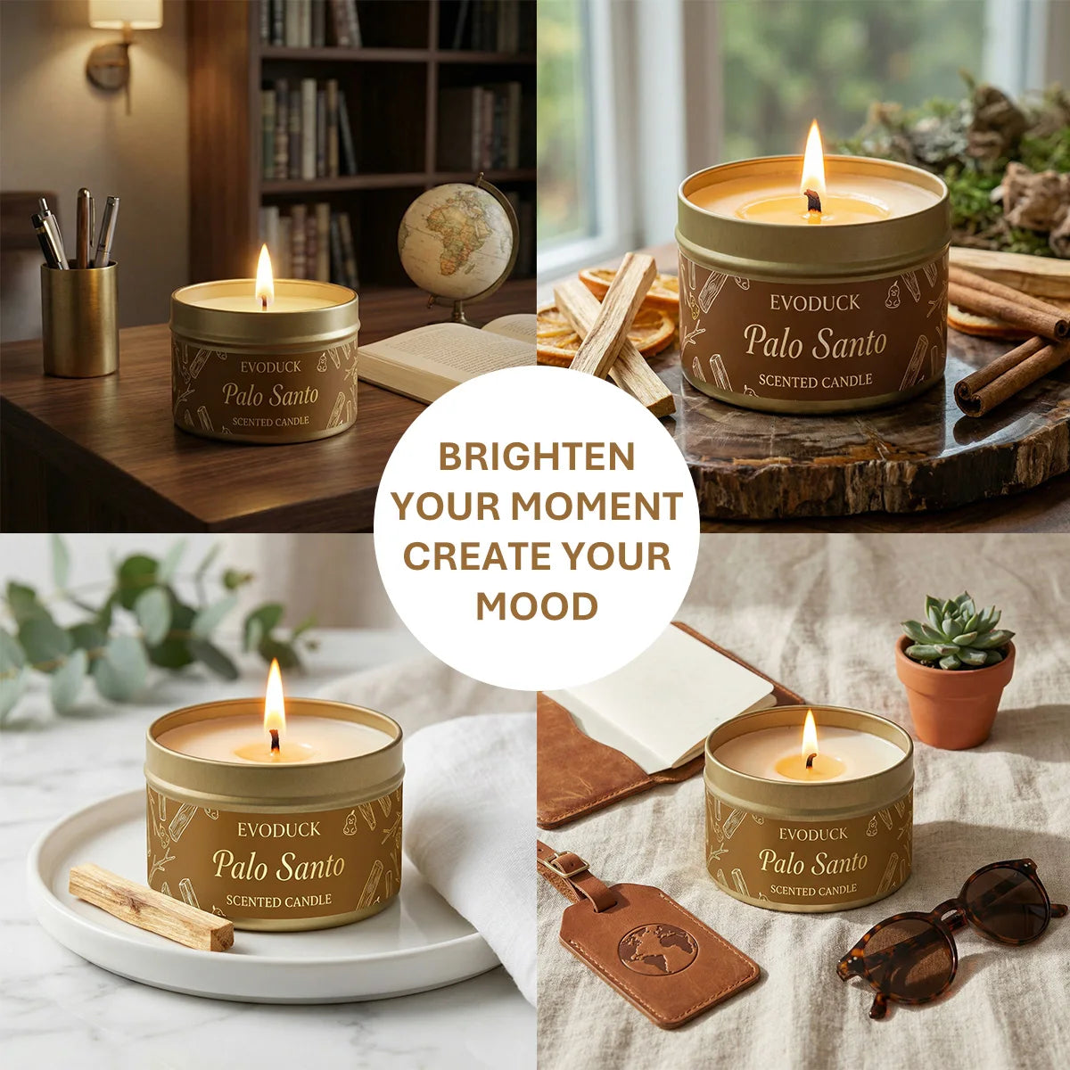 LAQTA Palo Santo scented candle in a glass jar with a wooden lid, showcasing the natural candle wax and Palo Santo aroma.