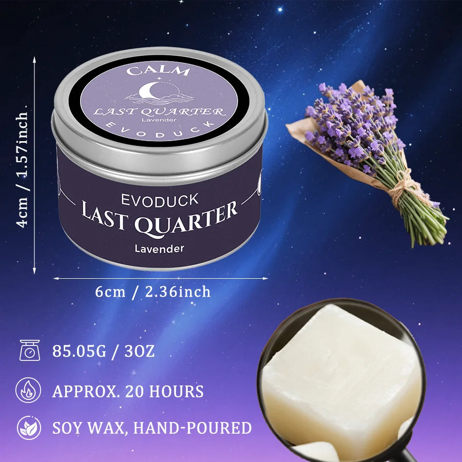 LAQTA Waning Moon scented candle in a glass holder with a soft glow and moon phase design, perfect for relaxing ambiance.