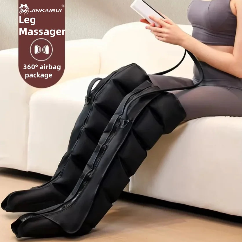 LAQTA electric pneumatic leg massager showing adjustable straps and air chambers for muscle relaxation and improved circulation.