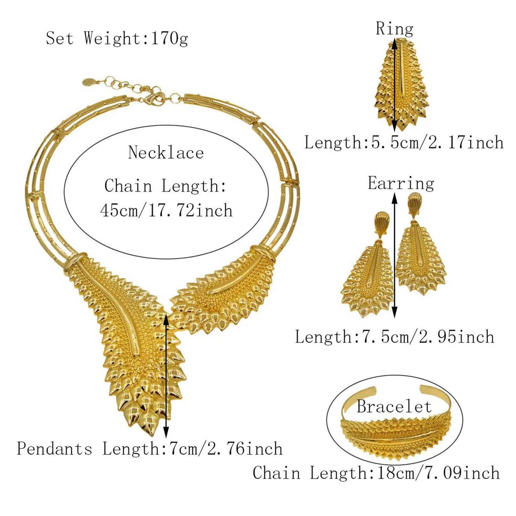 Dubai gold plated jewelry set by LAQTA featuring intricate designs with matching earrings and necklace for elegant style.