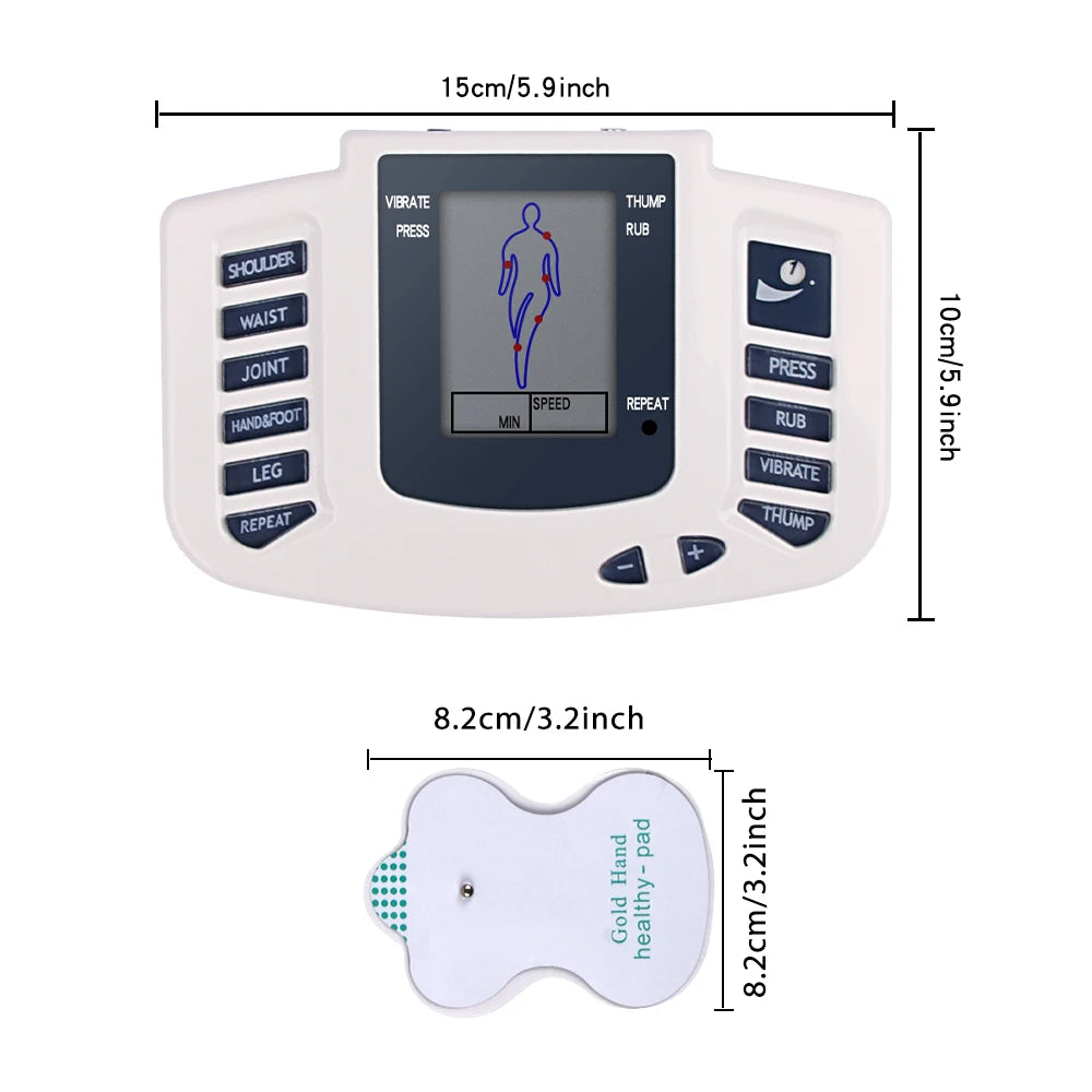 LAQTA Full Body Tens Muscle Electrostimulator showing electrodes and control panel for muscle stimulation therapy.