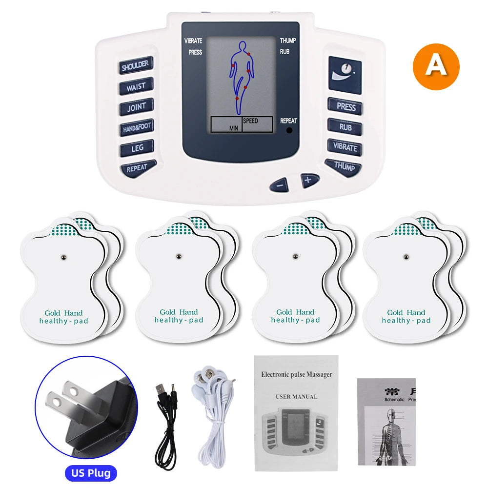 Full body Tens muscle electrostimulator by LAQTA showing adjustable electrodes and control panel for muscle stimulation therapy.