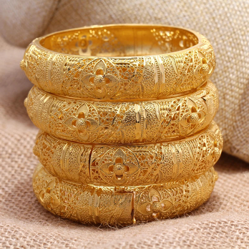 LAQTA 24k Dubai gold color bangles featuring intricate designs and polished finish, perfect for traditional jewelry styles.