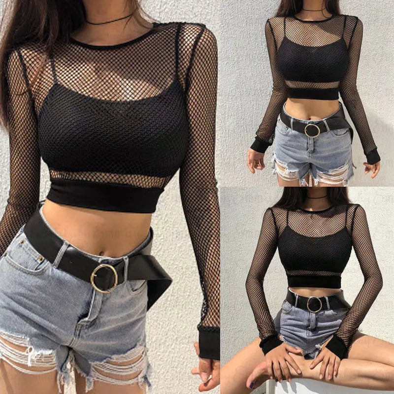 Black hollow-out mesh bodysuit by LAQTA featuring sheer fabric and intricate cut-out details.