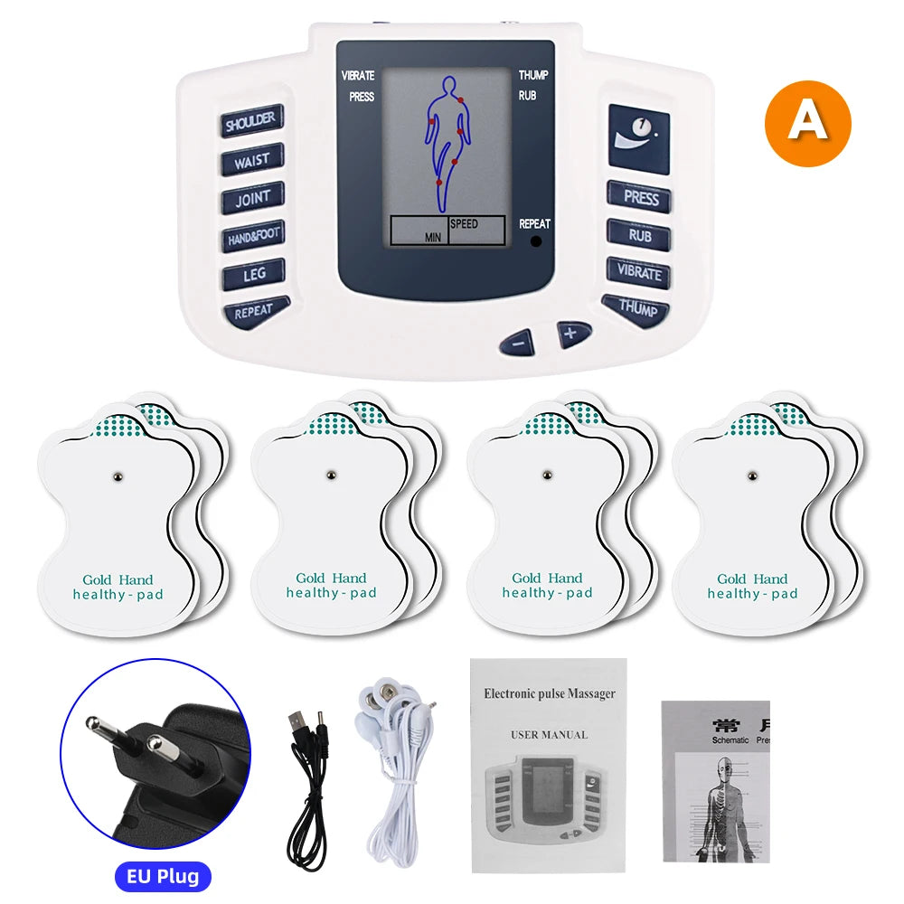 LAQTA full body Tens muscle electrostimulator device with electrodes and control panel for muscle stimulation therapy.