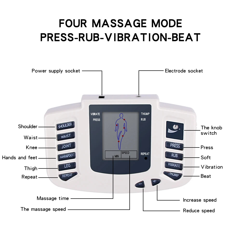 LAQTA Full Body Tens Muscle Electrostimulator device with multiple electrode pads for targeted muscle stimulation.