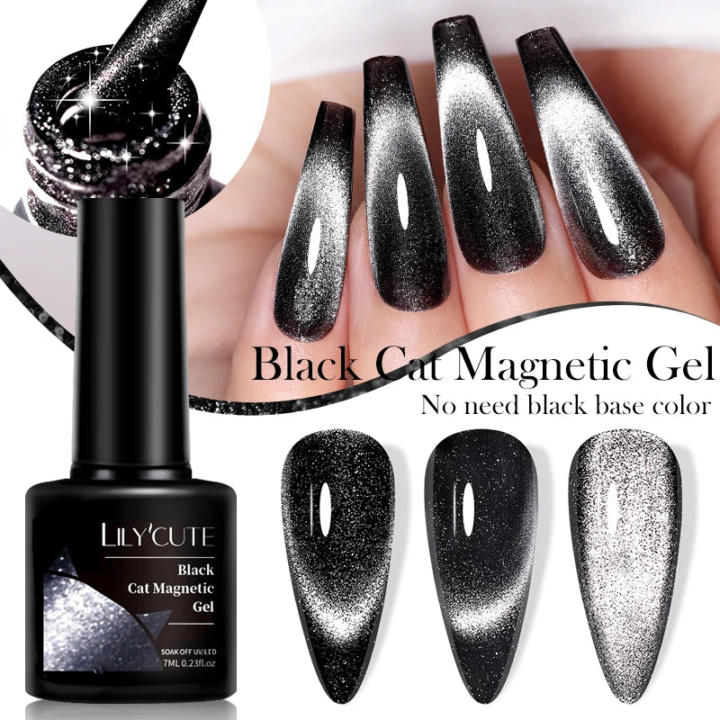 Black crystal cat magnetic gel by LAQTA, showing a close-up of the gel with a glossy black finish and magnetic swirling effect.