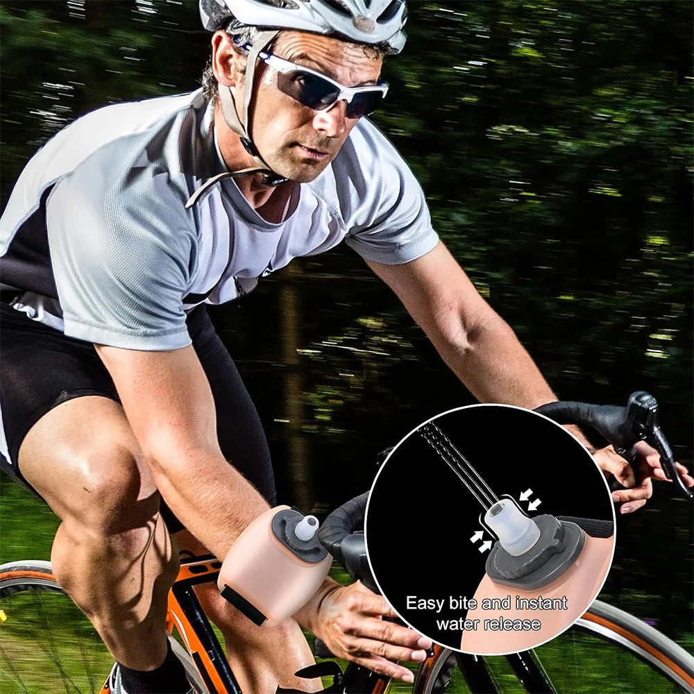 LAQTA wrist water bottle with adjustable strap and portable design, ideal for staying hydrated on the go.