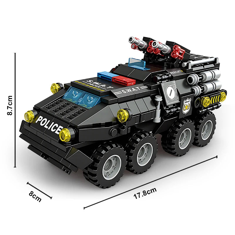 LAQTA military building blocks set with assembled model showcasing detailed military vehicle and accessories on a flat surface.