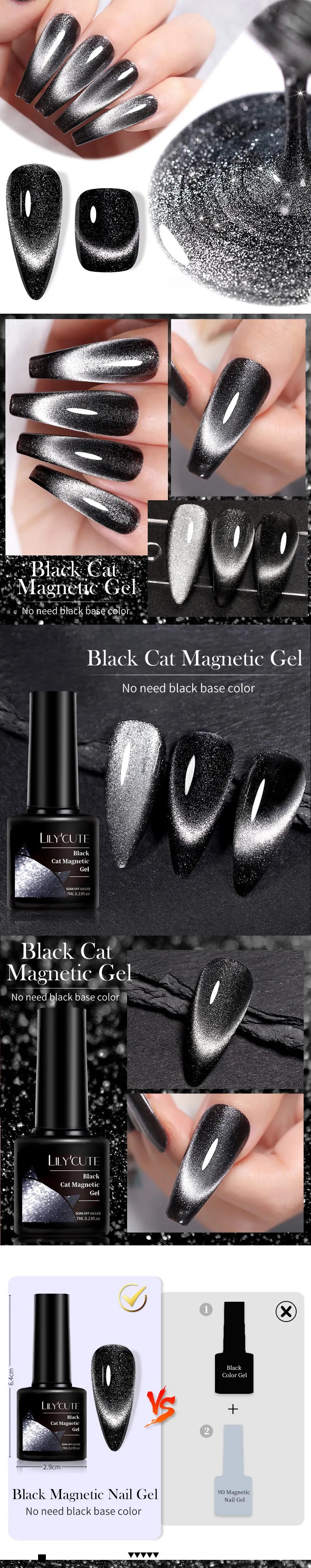 Black crystal cat-shaped magnetic gel nail art by LAQTA featuring black crystal accents on a smooth gel surface.