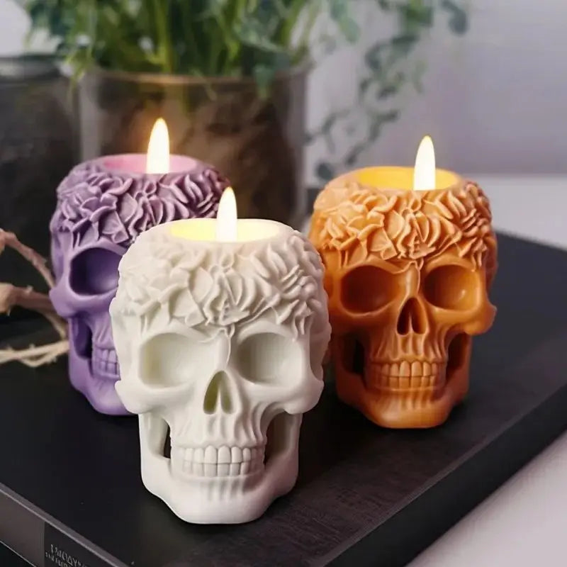 3D rose skull flower silicone candle mold by LAQTA, showing detailed skull and floral design for candle casting.