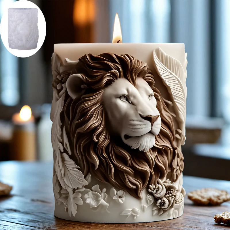 3D lion relief candle mold by LAQTA showing detailed lion face and mane in gray silicone material.