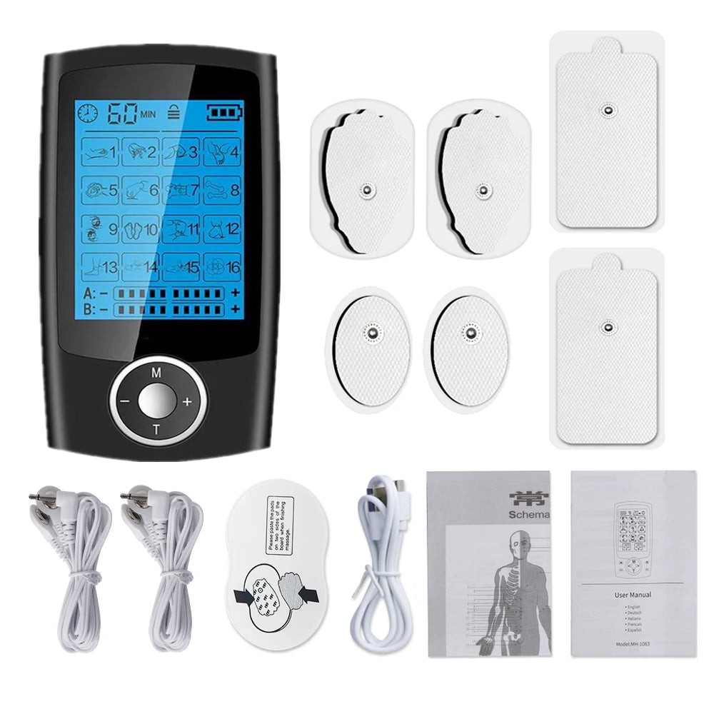 LAQTA Electric Tens Relax Muscle device with 16 modes, showing its sleek design and control panel for pain relief therapy.