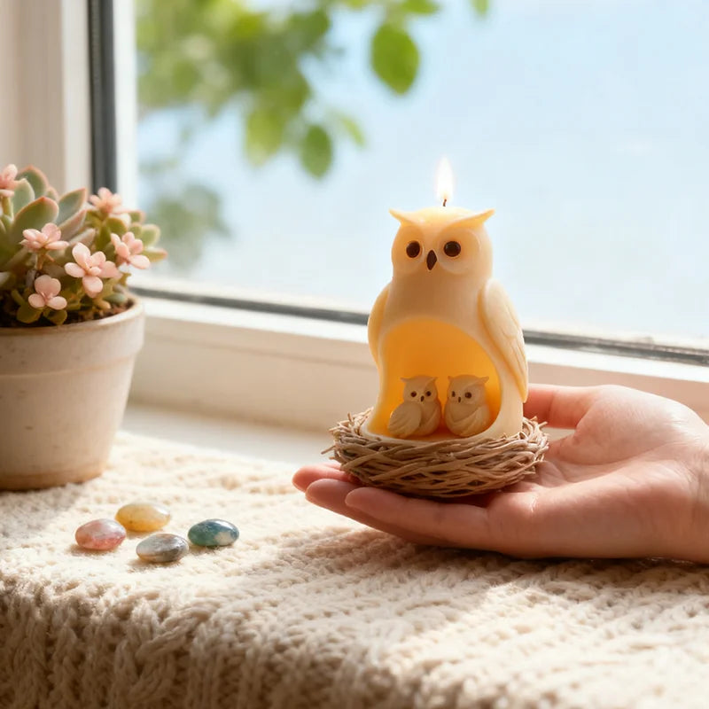 3D owl and baby candle mold by LAQTA, detailed silicone mold for making owl-shaped candles with intricate feathers and features.