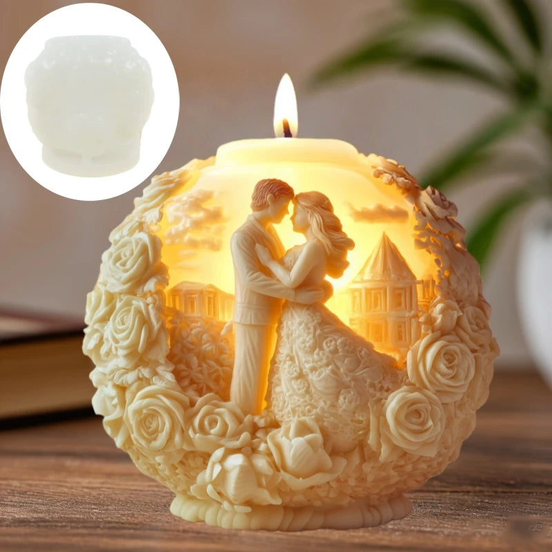 Embossed spherical candle mold by LAQTA featuring a couples embrace design, perfect for creating decorative candles.
