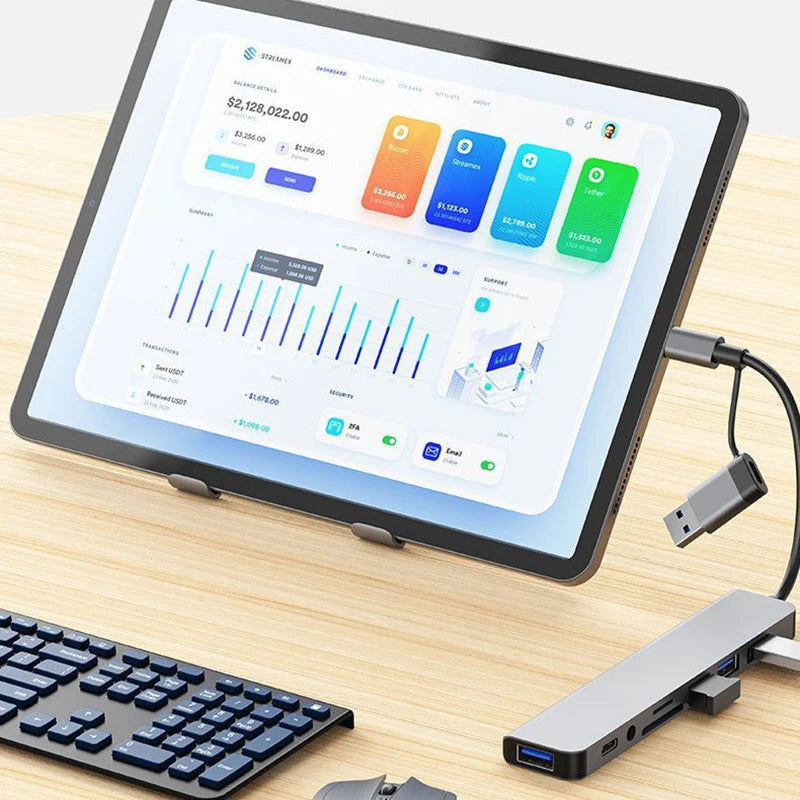 LAQTA 8-in-1 USB and Type-C docking station with multiple ports for easy connectivity on a sleek black hub.