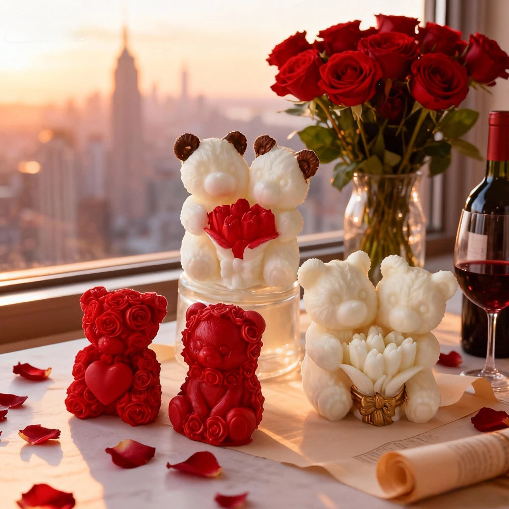 Silicone candle mold shaped like a love rose bear, designed for creating decorative candles by LAQTA.