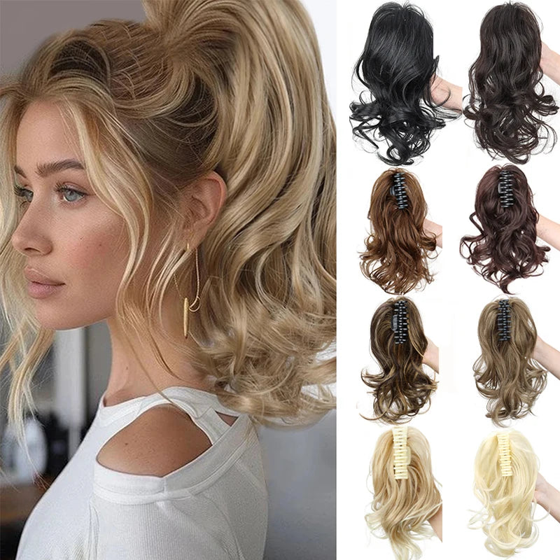 Short curly clip-in ponytail extension by LAQTA, showcasing a natural curly texture and easy clip-in attachment in a close-up view.