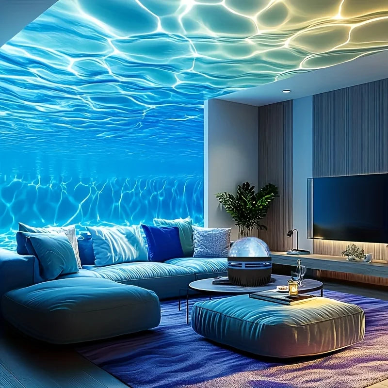 LAQTA powered water wave effect projector displaying colorful water wave patterns on a wall.
