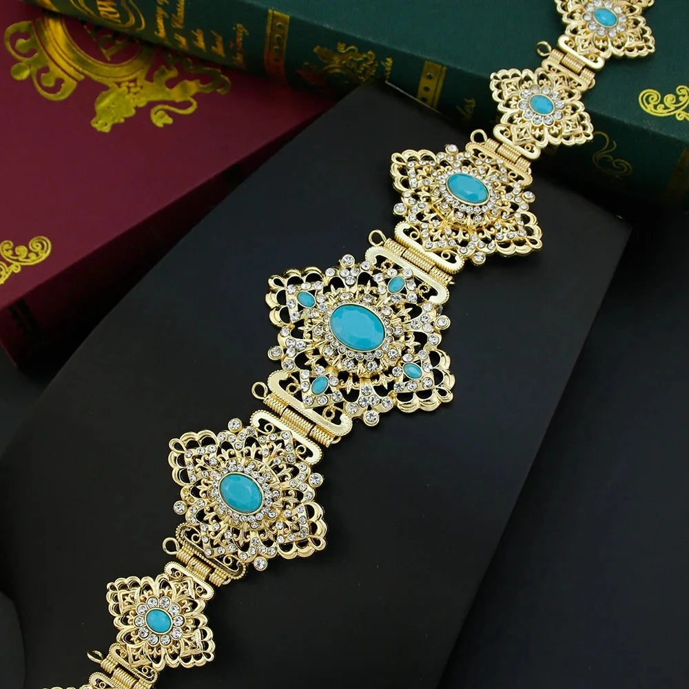 Elegant Arabic bride jewelry set by LAQTA featuring intricate designs with necklaces, earrings, and headpieces for special occasions.