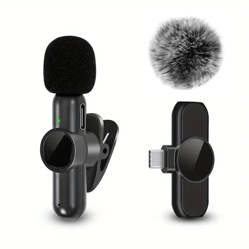 Wireless lavalier microphone by LAQTA with clip-on design, ideal for interviews, videos, and presentations.
