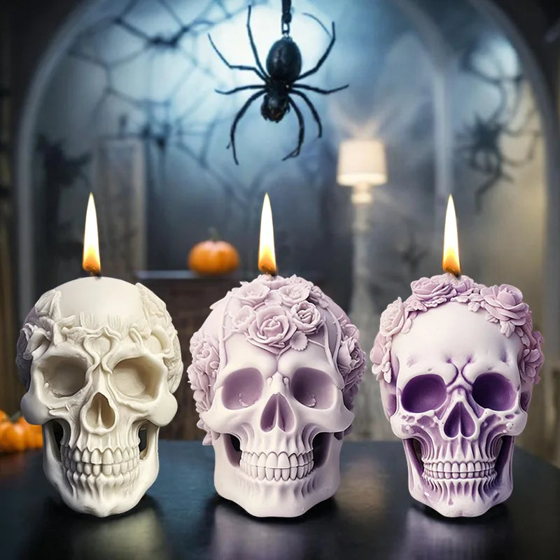 LAQTA 3D Rose Skull Flower silicone candle mold showing detailed skull and floral design for handmade candles.