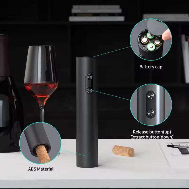 LAQTA electric wine bottle opener automatic, sleek design with a silver finish, positioned on a countertop next to a wine bottle