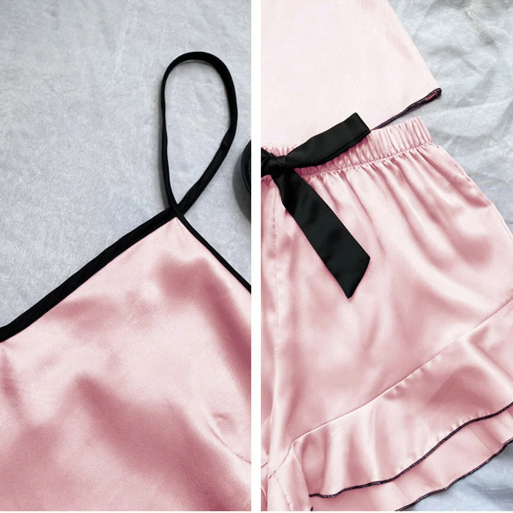Women's smooth satin pajama set with V-neck T-shirt by LAQTA, featuring sleek, silky fabric and comfortable fit.
