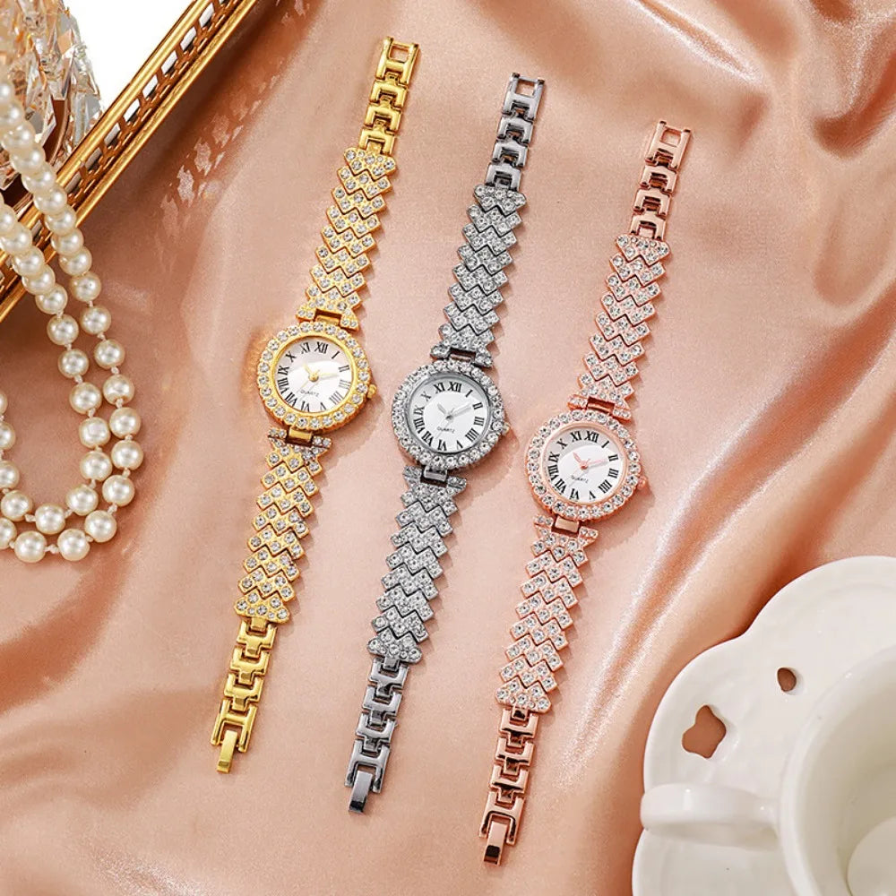 Elegant LAQTA women’s rhinestone watch set with five stylish timepieces featuring sparkling details and classic design.