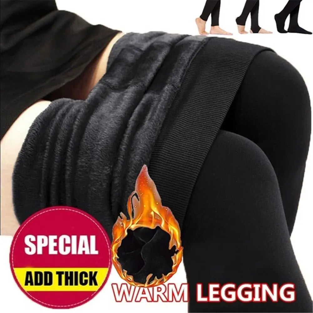 LAQTA fluff-lined stretch pantyhose shown on a model, featuring smooth, comfortable fabric and a cozy, warm lining for winter wear.
