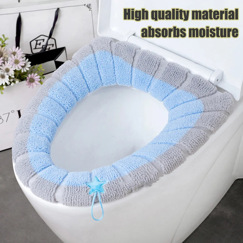 Stitched color portable knitted toilet mat by LAQTA, showcasing vibrant, soft, and comfortable design in a close-up view.