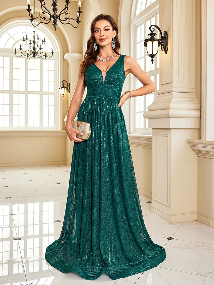 Women’s luxury green V-neck sleeveless formal dress by LAQTA, featuring elegant fabric and sophisticated design.