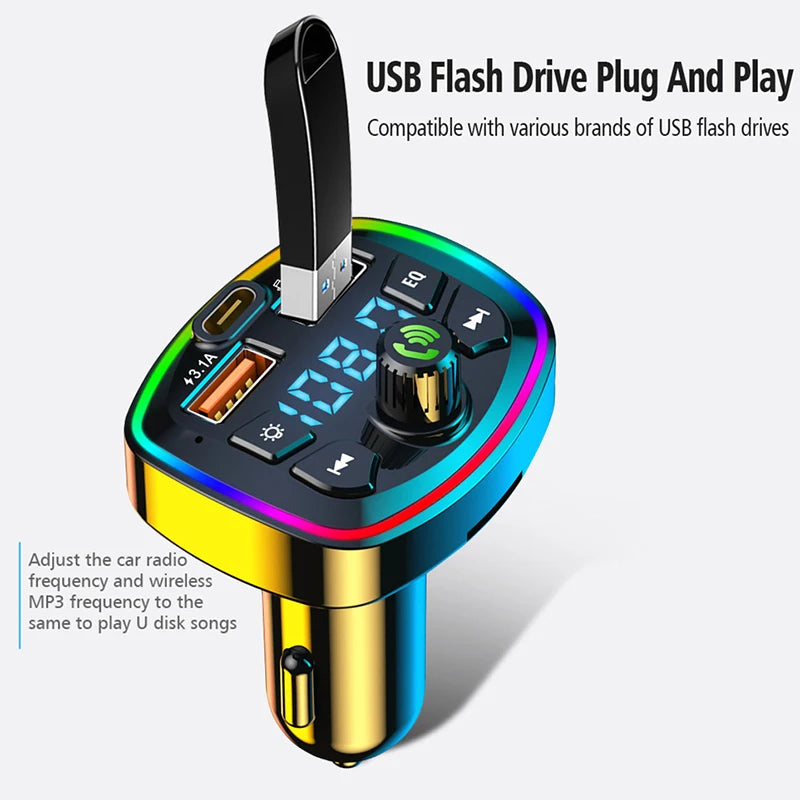 LAQTA Car Bluetooth 5.0 FM Transmitter connected to a vehicle's dashboard, with a display screen and control buttons visible.