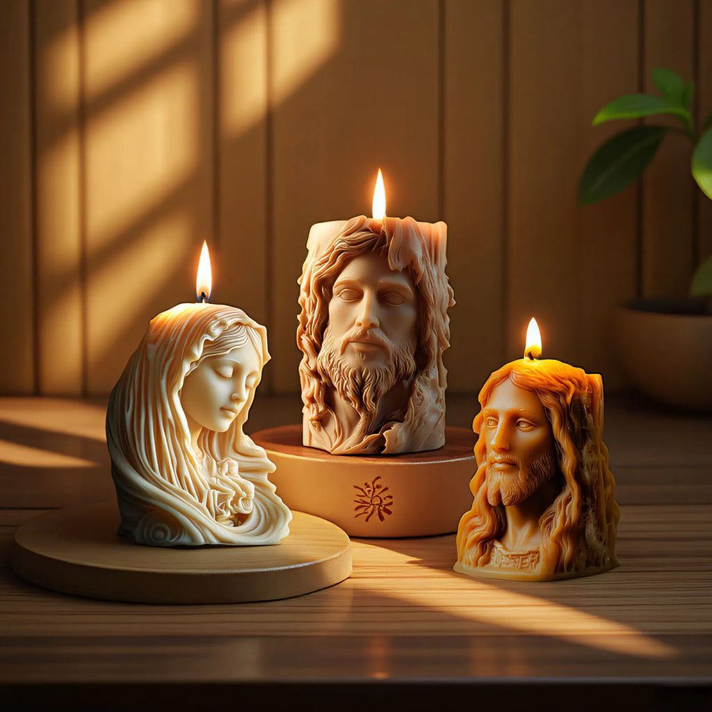 Silicone mold for Jesus statue candles, ideal for crafting religious candles by LAQTA, showing the detailed mold shape.