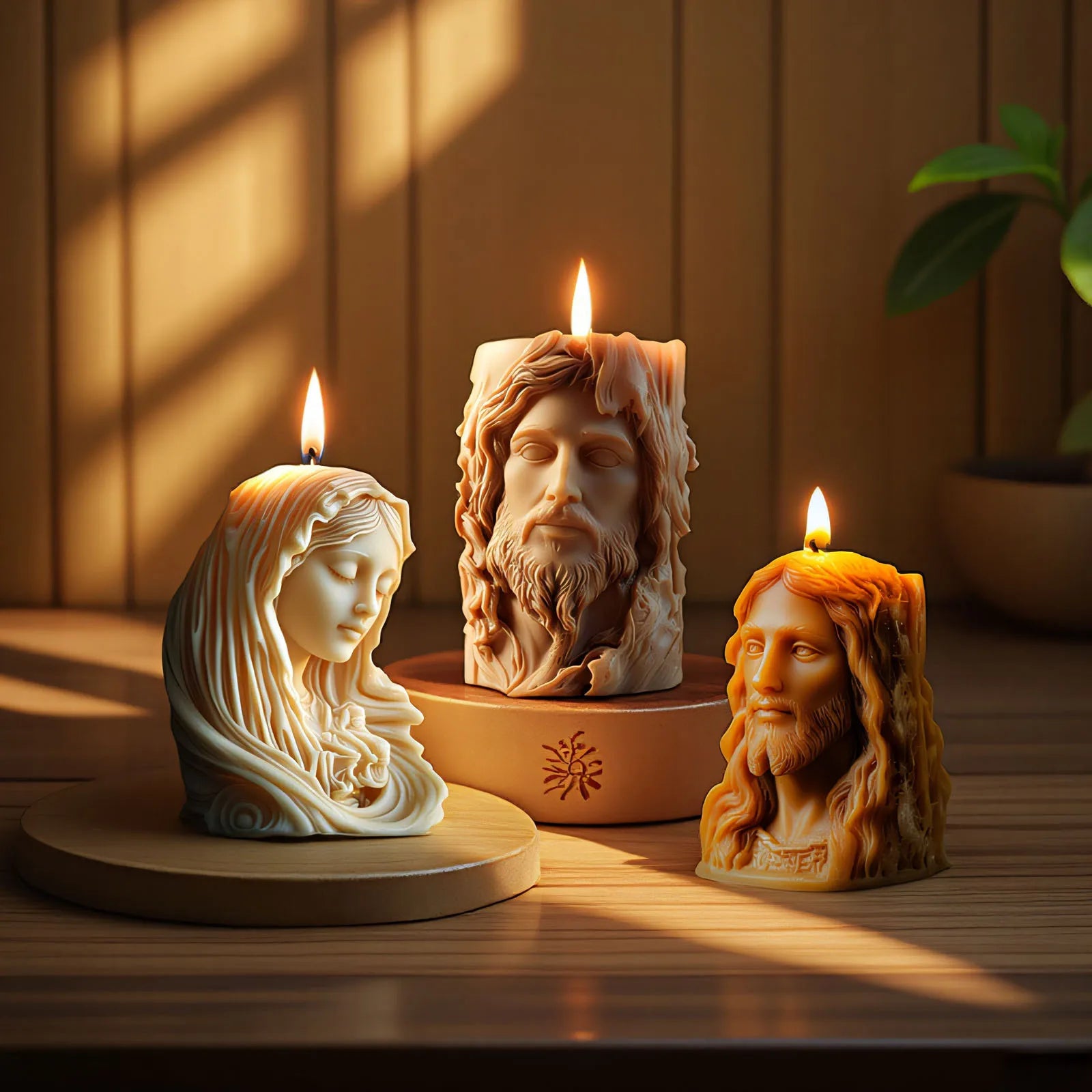 Silicone mold for Jesus statue candles, ideal for crafting religious candles by LAQTA, showing the detailed mold shape.